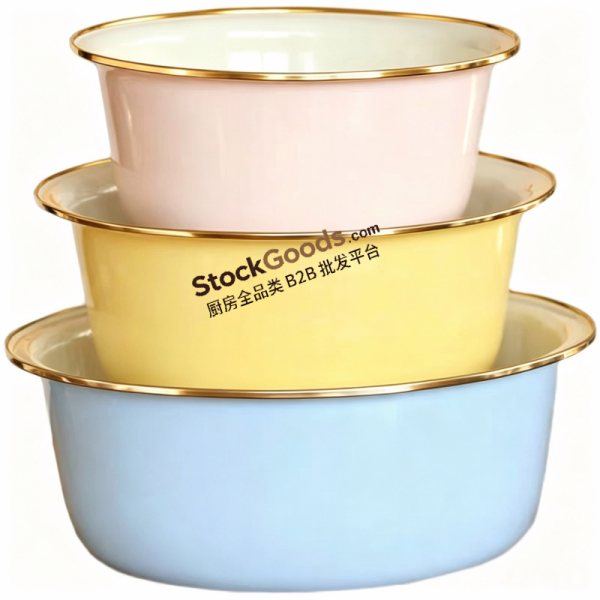 Enamel Bowl Set of 3 with Golden Rim, 24cm 28cm 32cm, 15 Colors Available